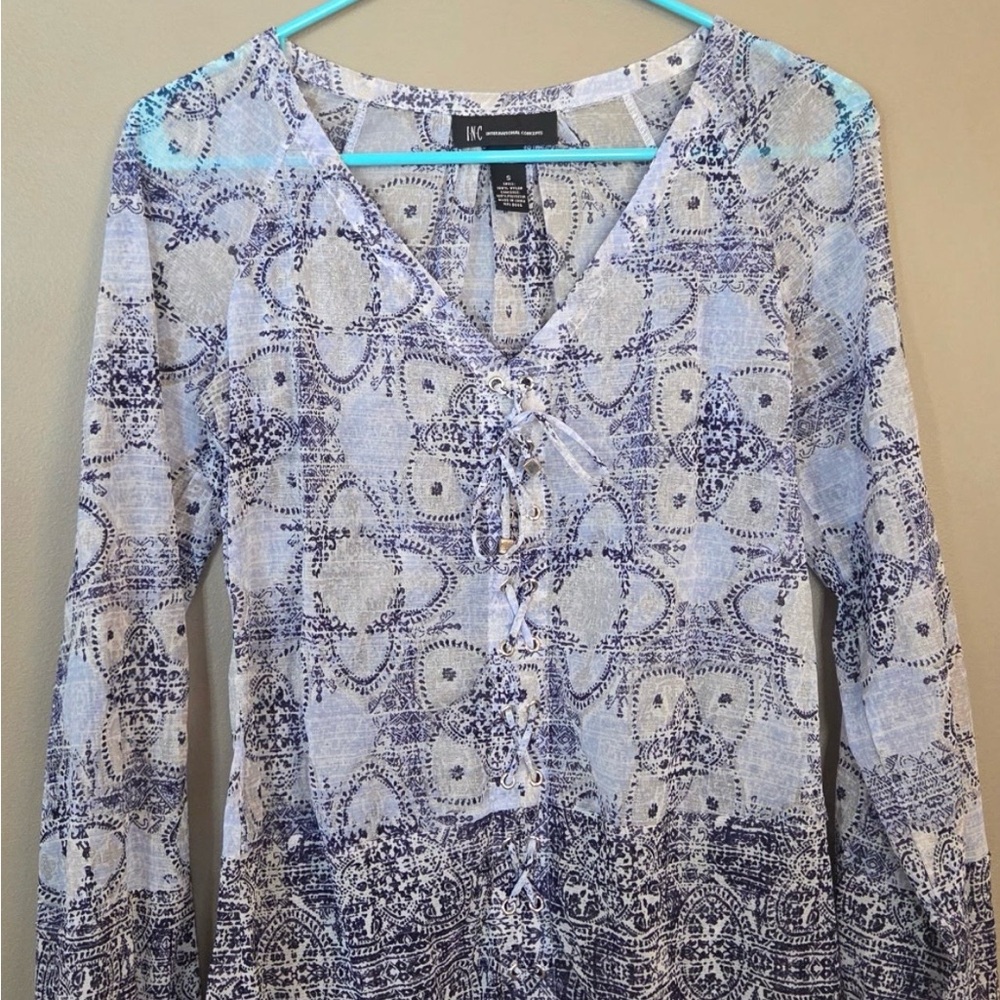 INC International Concepts Light Blue and Navy Printed Lace-Up Tunic